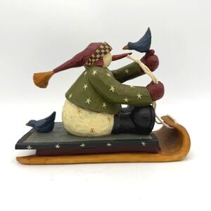 Williraye Studio Snowman Sled Figurine Green Red Folk Art WW 2381